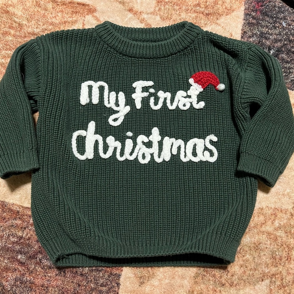 Green "My First Christmas" Baby Sweater with Santa Hat Accent 12-18m
